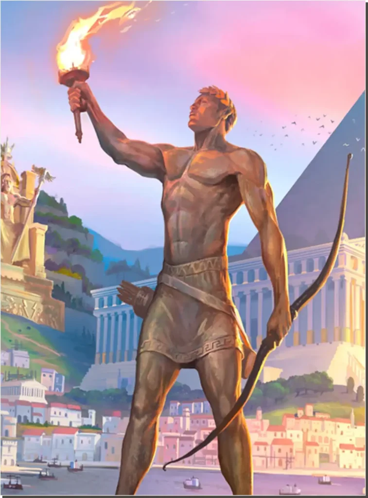 Ilustracja do gry planszowej „7 Wonders” przedstawiająca Kolosa z Rodos, latarnię morską w Aleksandrii oraz egipskie piramidy