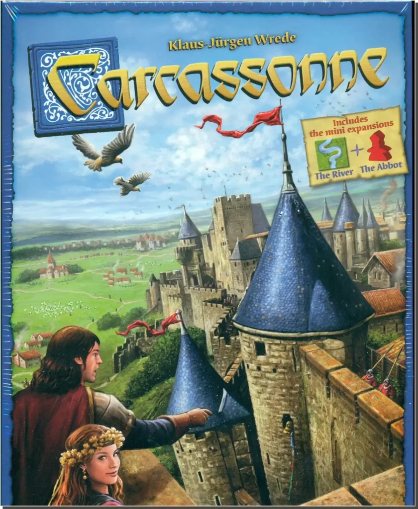 Okładka gry planszowej „Carcassonne” przedstawiająca średniowieczny zamek, mężczyznę w zbroi oraz dziewczynę na pierwszym planie