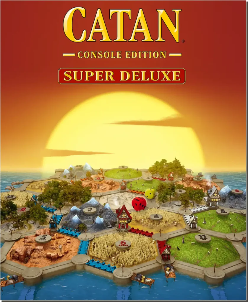 Plakat gry wideo „Catan Console Edition Super Deluxe” przedstawiający trójwymiarową wyspę złożoną z heksów pośrodku oceanu na tle zachodu słońca
