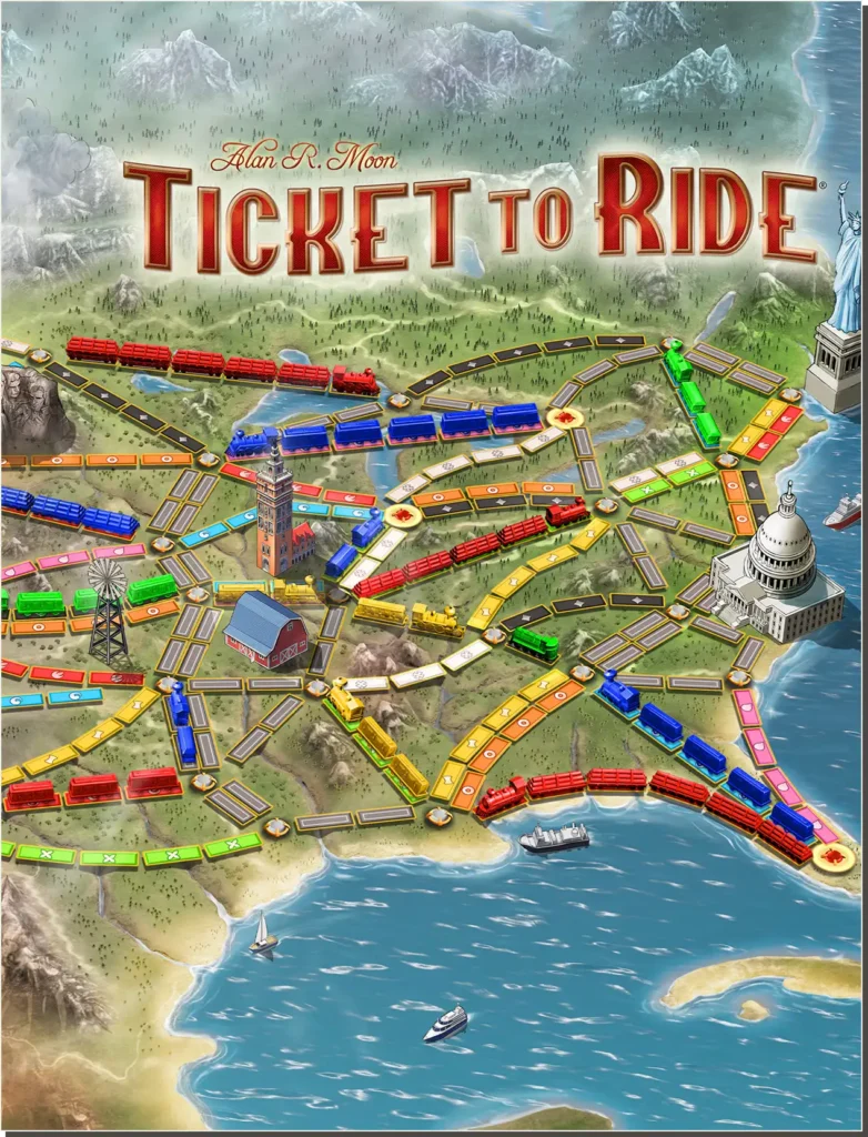 Plansza do gry planszowej „Ticket to Ride” z mapą Stanów Zjednoczonych podzieloną na wielobarwne trasy kolejowe